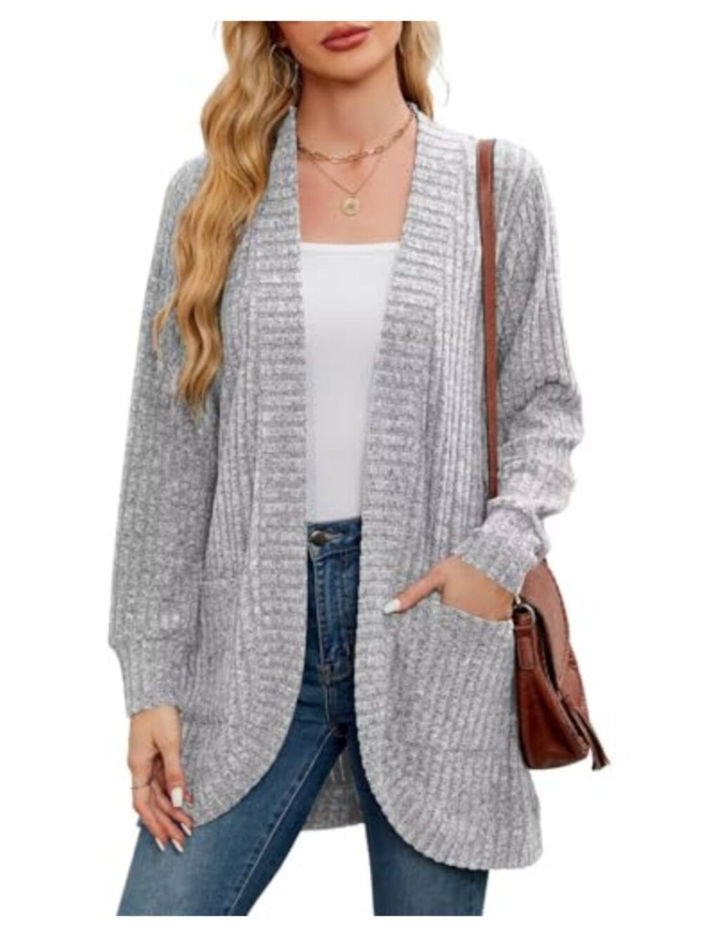 Plus Size Long Sleeve Open Front Cardigan Sweater with Pockets